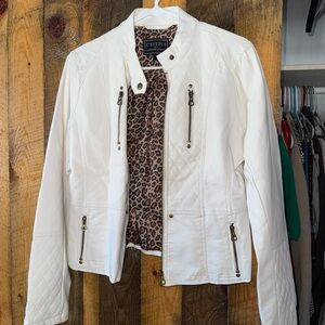 C'est Toi Women's White Leather Jacket with Leopard Lining
